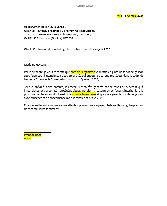 Modèle lettre confirmation fonds de dotation ACSQ