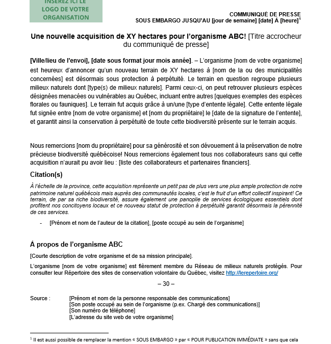 Gabarit de communiqué de presse pour l’annonce de l’acquisition d’un milieu naturel, incluant en deuxième page le « Pourquoi, quand et comment » d’un communiqué de presse
